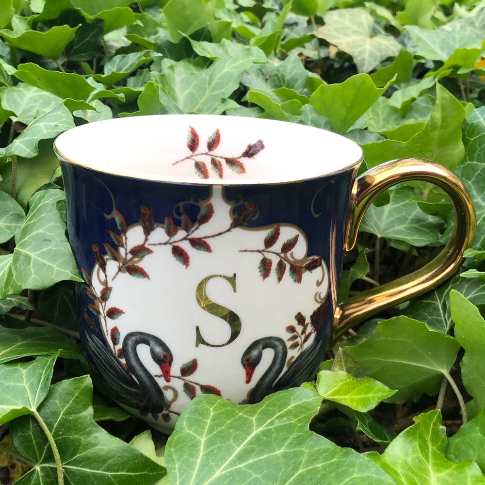 Anthropologie Navy, White and Gold Swan Monogram 'S' Mug